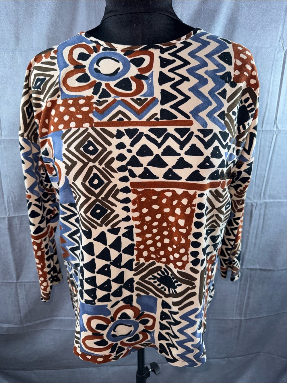 2781-Liz & co Patterned Long-Sleeve Women’s Top - Blue, Brown & Black
